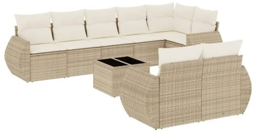 HETFTJN Balkon Eckbank Lounge Sofa Outdoor Big Sofa Küchensofa - 9-TLG. Garten-Sofagarnitur mit Kissen Beige Poly Rattan für Speisesaal Balkon Terrasse Schwimmbad