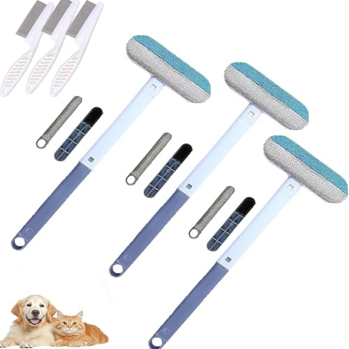 Brosse 3 En 1 Pour éliminer Les Poils D'animaux, Chats Et Chiens, Pour Meubles, Balai Et Râteau Réutilisable à Long Manche Pour Tapis, Lits, Canapés Et Rideaux (Bleu*3)