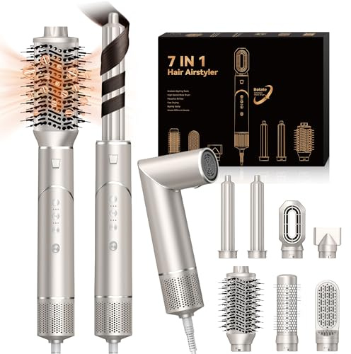 Pro Airstyler 7-i-1 Hairstyler Hårtork med Luftlocktång, Joniskt Höghastighetsset med Rund borste, Luftlocktång, Varmluftsborste och Plattång, Joniskt Hårtorkset med 110,000 varv/min, Champagneguld