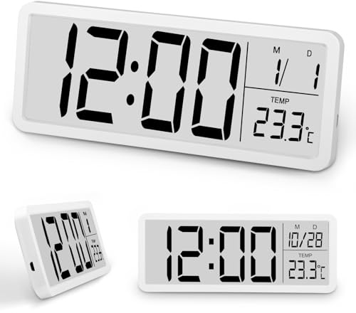 Digitale Wanduhr, Digitaluhr mit Großen Ziffern und 12/24 Hr, LCD-Digitalwecker mit Datum und Temperatur, Tischuhr mit doppeltem Verwendungszweck für Schlafzimmer, Wohnzimmer, Büro, Schule(White)