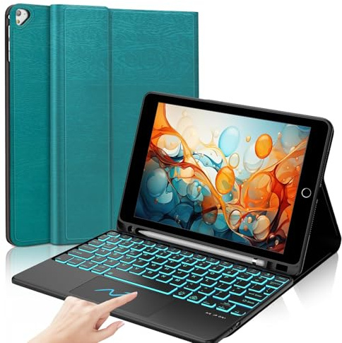 Funda para iPad de 9ª generación con teclado de 10.2 pulgadas, teclado Bluetooth desmontable con panel táctil inteligente, retroiluminación de 7 colores, funda delgada con soporte para lápices para