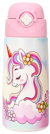 Ntswasd Girls Insulated Water Bottle with Covered Pop-Up Straw,500 ML Kids Cups with Stainless Steel Leak Proof for School（Pony-Unicorn）