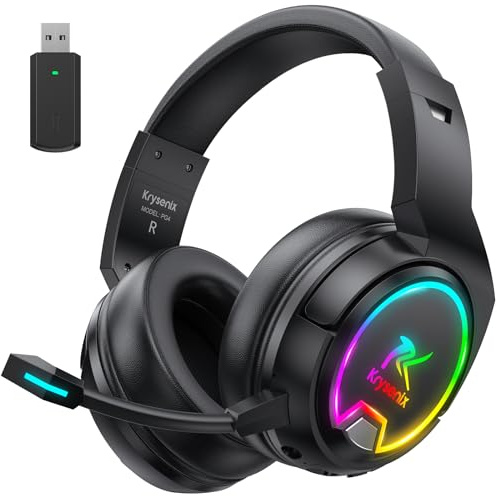 Krysenix PG4 2.4GHz Gaming Headset Wireless für PS4, PS5, PC, Mac, Switch, 48H Gaming Headset mit Noise Cancelling Mikrofon, Kabelloses Bluetooth Headset mit LED-Lichtern, Surround Sound, Rußschwarz