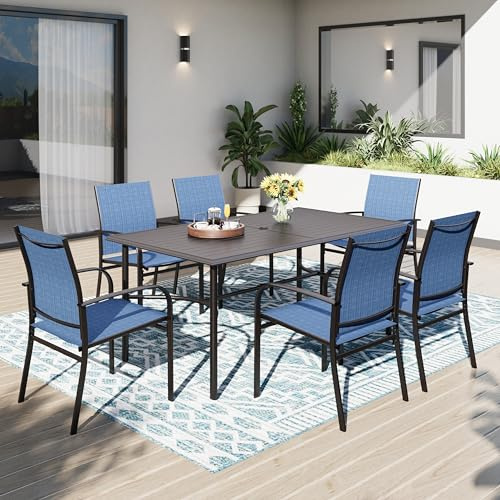 PHI VILLA Gartentisch mit Stühlen Garten Sitzgruppe mit 6 Blau Textilene stühle