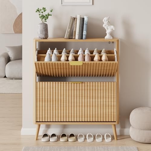 Anunweldo Schuhschrank, Schuhkipper mit 2 Klappen, Schuhregal Schmal, versteckte Schuhaufbewahrung, Schuhschrank Holz für Eingangsbereich, Flur (Natürliche Farbe)