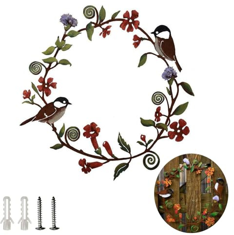 AXXIMENG Wreath Flower with Birds Door Decorations Round Metal Bird Silhouette Wall Decoration Bird Wall Art Decor Birds Garland Hanging Decor for Home Garden Fence Yard Outdoor Wall Decoration