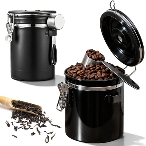 VEGOATY 2,8 L Kaffeedose Luftdicht, Kaffeebohnen Behälter Aus Edelstahl Mit Messlöffel Und Datumsanzeige, Kaffeedose Mit Co2-Ventil, Kaffeebohnen Behälter Für Kaffeepulver, Nüsse, Tee, Zucker