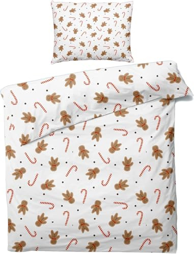 CCZM Weihnachten Bettwäsche 135x200 - Lebkuchenmann Bettbezug 135 x 200 - Zuckerstange Schneeflocken Wendebettwäsche und 2 Kissenbezug 80x80, Warm Mikrofaser Bettwäsche-Sets mit Reißverschluss, E-980