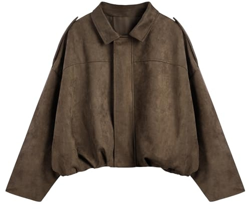 BSBUY Women's Faux Suede Bomber Jacket Spring Lapel Pilot Coat Short Casual Oversized Long Sleeves Varsity Jacket Lapel Trendy Streetwear Outerwear Lightweight Stand Collar Full Zipper Coats Top(S)
