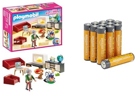 PLAYMOBIL Dollhouse Wohnzimmer, mit Lichteffekt, 4+ Jahre, & AAA Alkaline-Batterien Amazon Basics 12 Stück, 10 Jahre