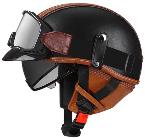 Mezzo Casco Moto Vintage Con Occhiali Caschi Jet E Demi-Jet Elmetto Scodella Pelle Omologato DOTECE Caschi Cromwell Aperto Casco Retrò Moto Per Crociera Scooter E Bici X,XXL:63-64CM