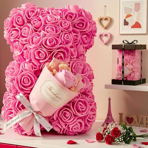 Otlonpe Rosenbär Muttertagsgeschenke für Mama, Geschenke für Frauen Sie Freundin, Cute Rosen Teddybär mit Blumen Tisch Dekorationen für Geburtstag, Valentinstag, Weihnachten(Pink)
