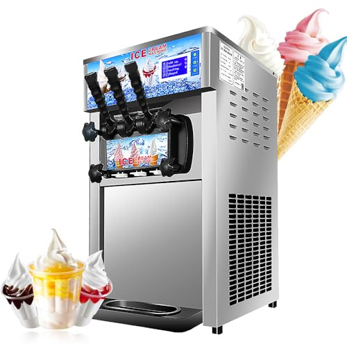 Commercial Ice Cream Machine, Soft-Serve Maker with Three Flavors, 18L/hour, 1200W, Countertop, Automatic Cleaning, Adjustable Hardness for Coffee Shops and Restaurants