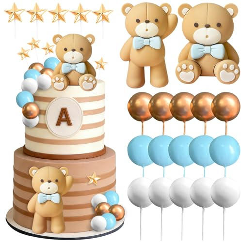 Tortendeko Bär, 22 PCS Teddybär Kuchen Topper, Tortendeko Kugeln, Cake Topper mit Kugeln, Sterne, Bär, Tortendekos Junge Mädchen für Mottopartys, Geburtstagsfeiern, Babypartys, Jubiläen (Blau)