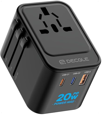 decqle Adaptador Enchufe Universal, 2 USB-C y 1 USB-A Adaptador de Viaje, AC Adaptador Universal para EU, Reino Unido, Americano, Canadá, Australia& 224+País(Negro)