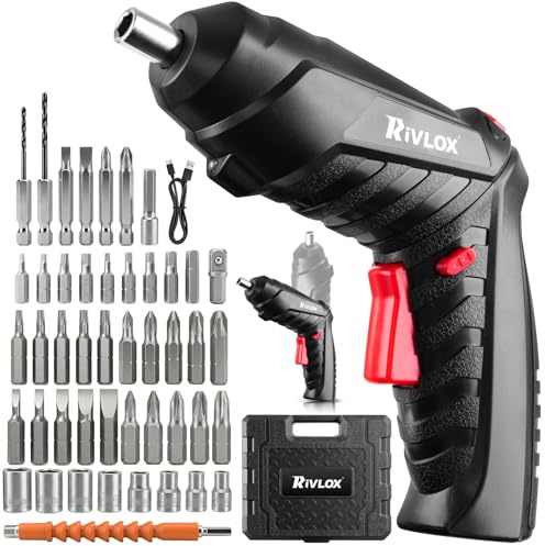 Rivlox Cordless Screwdriver, 48 in 1 Electric Screwdriver Set Rechargeable with 3.6V 1300mAh, Folding Handle Mini Power Screwdriver Kit with USB Cable & LED Light for Home DIY