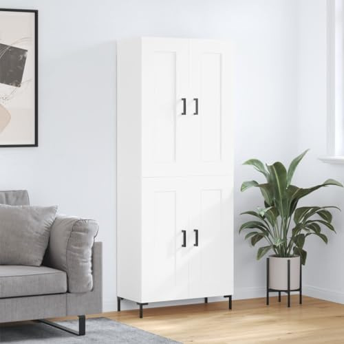 YunCangg Highboard vit 69,5 x 34 x 180 cm träbaserade material med järnben, skänk och köksbuffé, köksförvaringsskåp för vardagsrum och matsal, stabil och fuktbeständig