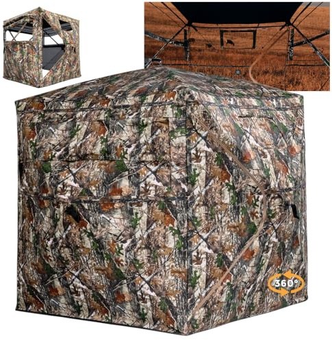 360 Degree See Through Hunting Blind, 2-3 Man Pop Up Ground Blind for Deer Stalking, Pheasants and Woodpigeons, Portable Camo Tent with Quiet Zipper Door and Carrying Bag