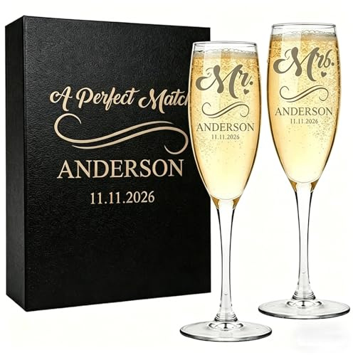 Novalith Pack de 2 Copas de Cava Personalizadas de Cristal, Copas Personalizadas para Bodas, con Nombre/Texto/Logotipo/Foto, Grabada a Láser, Boda/Aniversario/San Valentín/una Graduada