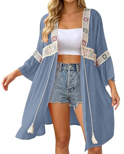 Generisch Cárdigan de playa para mujer, estilo boho bikini, parte superior con bordado para paseos por la playa y piscina, poncho de playa, blusa de playa, kimono, chaqueta de punto para protección