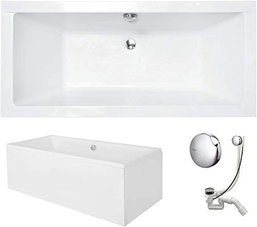 VBChome Badewanne 155 x 70 cm Acryl SET Schürze Siphon Acrylwanne Wanne Rechteck Weiß Design Modern Wannenfüßen Ablaufgarnitur Chrome
