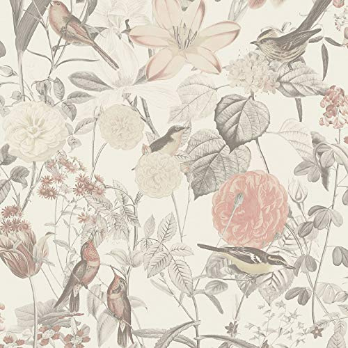 Papier peint botanique intissé BRICOFLOR | Fleurs et oiseaux 372762 | Rose, Gris | Romantique chic