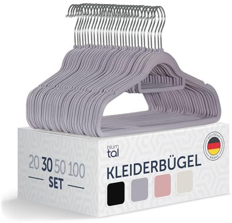 Blumtal Kleiderbügel 30 Stück - Kleiderbügel Samt 360° drehbar und belastbar - Kleiderbügel platzsparend und rutschfest - Kleiderbügel Grau mit Samtbezug - Samtbügel - Kleiderbügel Samt Grau - Bügel