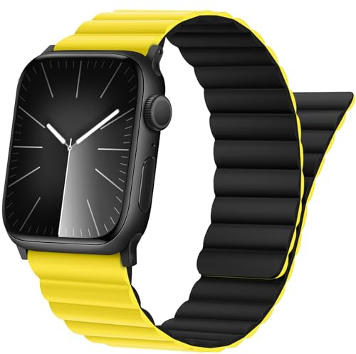 Tasikar Band Kompatibel mit Apple Watch Armband 49mm 46mm 45mm 44mm 42mm Silikon Ersatzarmband mit Starkem Magnetverschluss Kompatibel mit iWatch Ultra 2 SE Series 10 9 8 7 6 5 4 3 2 (Gelb-Schwarz)
