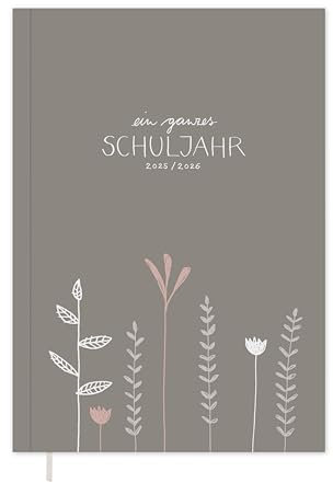 Eine der Guten Lehrerplaner 2025/2026, A5 Lehrerkalender, 2 Seiten pro Woche, Schuljahresplaner 25/26, leichtes Softcover, Grau Weiß Rosa mit Blumen, nachhaltig & klimaneutral