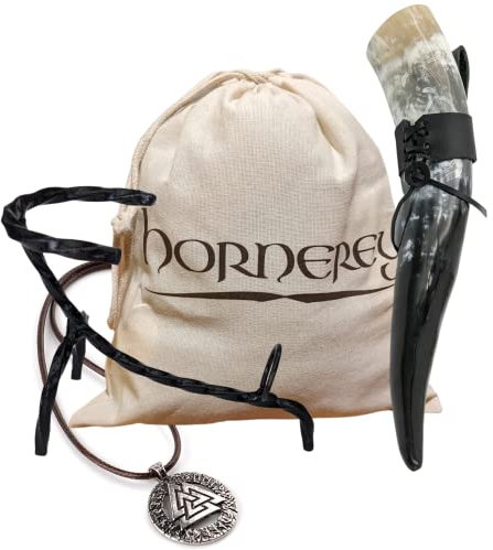 Hornerey Wikinger 450ml Horn Set mit Ständer und Gürtelhalter - für Met, Methorn Deko, LARP, Mittelalter Bierkrug, Honigmet, Trinkhorn Set (1er Pack)