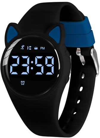 aswan watch digitalklocka, barn, flickor, pojkar, med stegräknare, väckarklocka, stoppur, ljus, datum, sportarmbandsur utan app och mobiltelefon med silikonarmband, 21 svart blå, Rem
