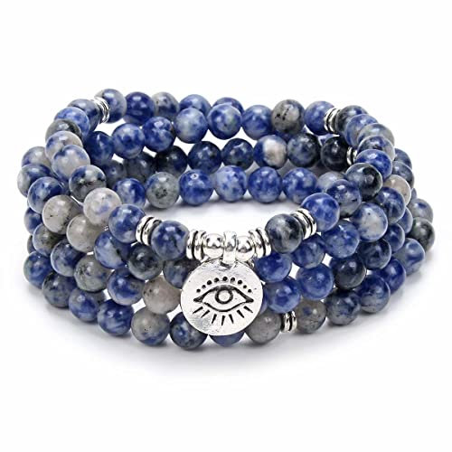 108 Mala Prayer Beads Bracelet Necklace Protection Yoga Meditation Jewellery with the Evil Eye Charm Yoga Symbol (Blue Spot Jasper Agate)