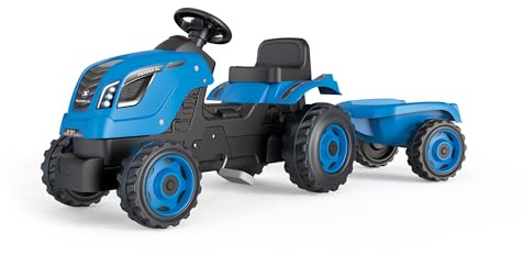 Smoby - Trattore Farmer XL blu, 7600710129, +5 anni, con rimorchio removibile, sedile regolabile, cofano apribile