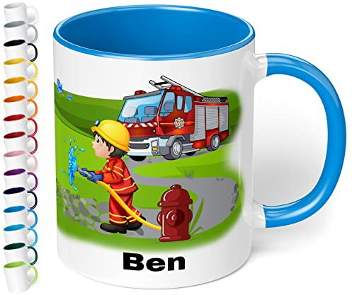 Tasse mit Namen für Kinder Feuerwehrmann – Kindertasse personalisiert – Feuerwehr Kinderbecher Trinkbecher für Jungen und Mädchen - rundum bedruckt – Geschenk zum Geburtstag (Cambridge Blau)