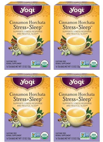 Yogi Tea Cinnamon Horchata Stress & Sleep - 16 Tea Bags per Pack (4 Packs) - Organic Sleep Tea - Supports a Restful Sleep - Includes Ashwagandha, Passionflower & Apple Cider Vinegar