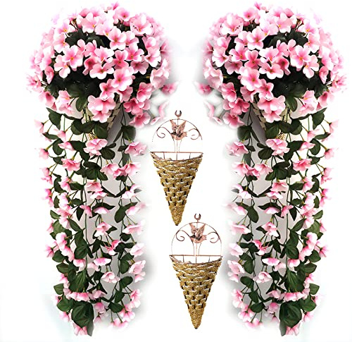 2 Pcs Artificial Hanging Baskets Outdoor With Flowers, Hanging Baskets With Flowers For Garden Wall Fence Wedding Balcony Outdoor Inside Door Decoration,Pink