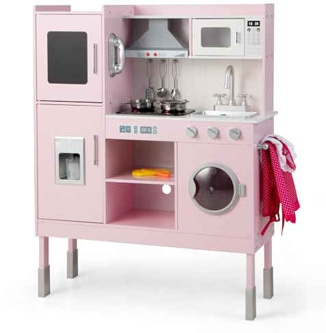 DREAMADE Höhenverstellbare Kinderküche mit Licht und Sound, Spielküche aus Holz mit Zubehör, Kinderspielküche mit Spüle Herd Backofen, Holzküche Spielzeugküche für Kinder ab 3 Jahren, rosa (Groß)