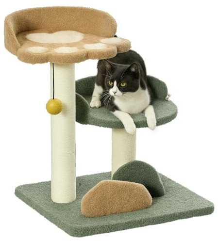 PawHut Katzenbaum klein, 52 cm Katzenkratzbaum Kletterbaum mit 2 Ebenen, Kratzbaum mit Spielball, Katzenmöbel, Kleiner Kratzbaum für Katzen unter 5 kg, Sisal | Katzenkratzbaum Kletterbaum, Kratzbaum mit Spielball, Katzenmöbel