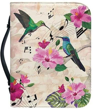 Kuiaobaty Bibelhülle mit Kolibris und Blumen, Kunstleder, Buchhülle mit Griff, Musikstab, Reißverschluss, Tragetasche für Mutter, Tochter