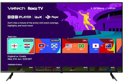 Veltech 55 Inch Smart TV 4K – UHD Roku TV with Freeview, Netflix, Apple TV+, BBC iPlayer, HDR, Dolby Audio, Voice Control, HDMI, USB – Smart TV for Living Room or Home Theatre [Energy Class G]