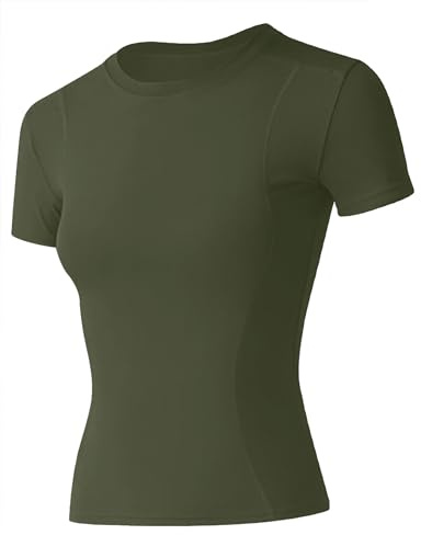 IECCP T-Shirt de sport pour femmes, manches courtes, haut d'entraînement, col rond, respirant, athlétique, pour la course, le gym, le yoga, haut de fitness, taille XS-XL, b-vert kaki, XS