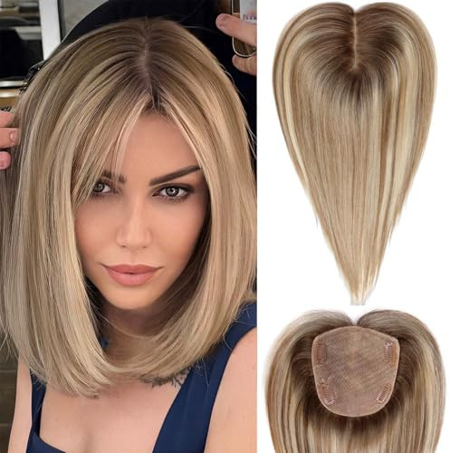 HAIRCUBE 5 x 5,5 Zoll große Haarteile für Frauen, Echthaarteil, 12 Zoll, Hellbraun mit blonden Strähnchen, ohne Pony, für Frauen mit dünner werdendem Haar oder grauen Haarwurzeln