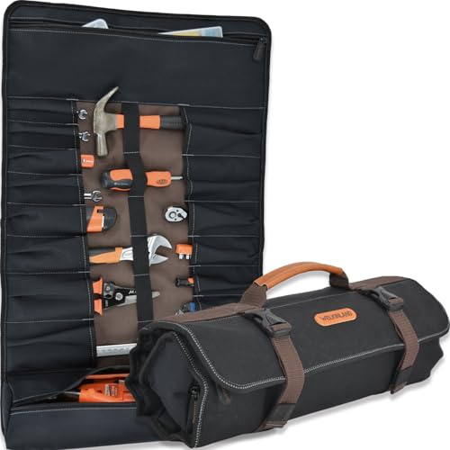 WELKINLAND 18-Pocket Waxed Canvas Tool Roll, Heavy-Duty & Waterproof, 17 Canvas Tool Roll Organizer | Canvas Tool Roll, Clear-Visibility Roll Tool Bag, Easy-Organized Tool Wrap Roll, Safe-Storage Roll Up Tool Bag Organizer