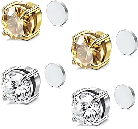 CPJJ 2 Paar Ohrringe Herren Magnet Ohrringe Herren,Magnetische Ohrstecker Edelstahl Für Männer Rund/Quadratisch Cz-Intarsien Nicht Durchbohrend Cz Klipp Ohrstecker 2 Farben 6 Mm
