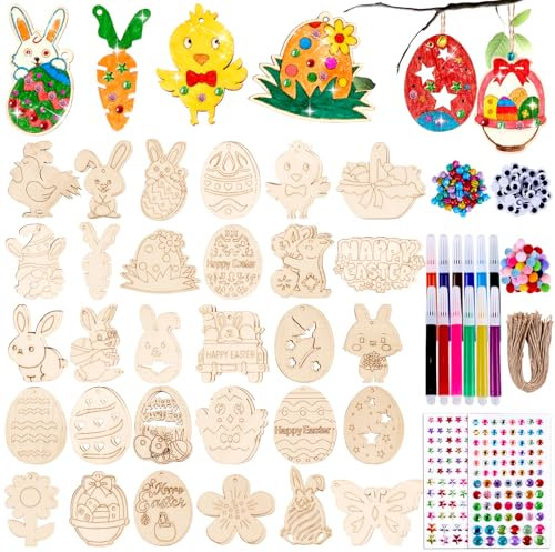 Puddry Ostern Basteln Kinder, 264 Stück Ostereier zum Bemalen mit Aquarellstift Hanfseil, Ostereier zum Aufhängen, Osterdeko Basteln Kinder, Holzanhänger Ostern Zum Bemalen, DIY Holzeier zum Bemalen