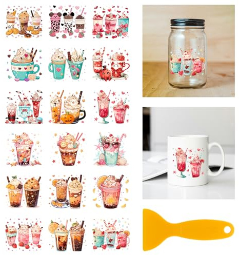 GLOBLELAND 18 Blatt Getränke Abziehbilder Zum Aufreiben 3.9x3.6Zoll Bunte Aufkleber Für Milch Tee Zuhause Kaffee Eisbecher Abziehbilder Für Möbel Vasen Glas Kunsthandwerk Dekorationen | Bunte Transfer-Aufkleber für Möbel, Vasen, Glas, Kunst, Handwerk, Dekorationen