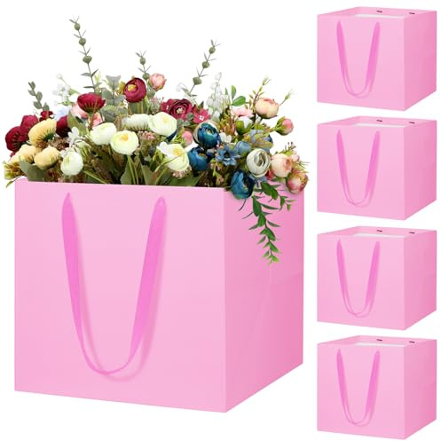 LVNRIDS 5 pezzi Sacchetti Regalo Grandi Rosa, 30 x 30 x 30 cm Sacchetti Regalo Quadrati con Manici per Bouquet Compleanno San Valentino, Natale, Festa di Nozze