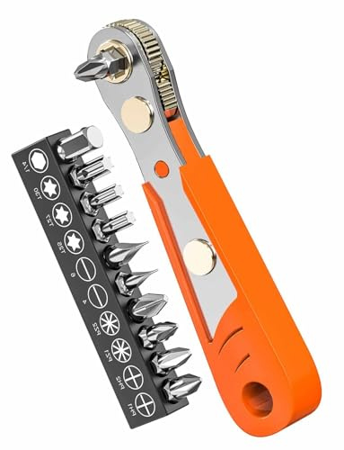 Right Angle Phillips Magnetic Screwdriver, 1/4” PH2 Mini Ratchet Wrench 1/4 Inch Drive High Torque Offset Reversible Mini Ratcheting Offset Screwdriver with Screwdriver Bits Set