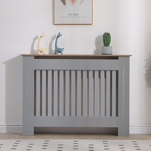 Vivo Technologies Radiator Cover Grey Modern Horizontal Slats, Medium Radiator Cover Grill Shelf Cabinet MDF Wood Decorative Heater Cover,Grey,W 112 x H 82 x D 19 cm