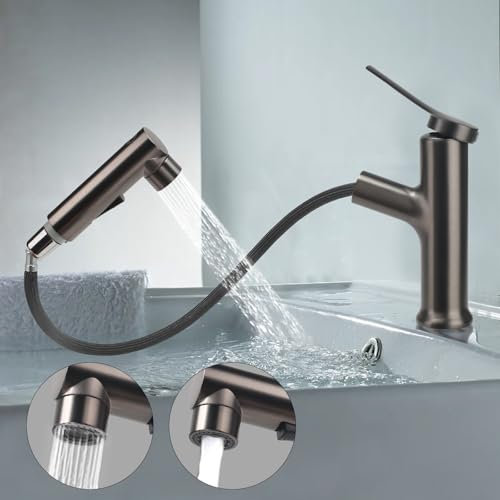 VirtuGro Grifo de Lavabo con Ducha Extraíble de 3 Modos Grifo Baño Grifo Fregadero Extensible con Aireador Acero Inoxidable Grifo Monomando Lavabo Mezclador Frío y Caliente Gris